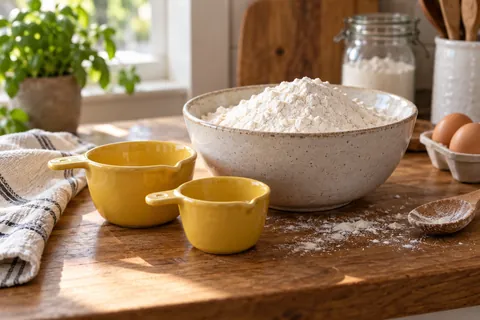 Yellow measuring cups beside a bowl of flour
