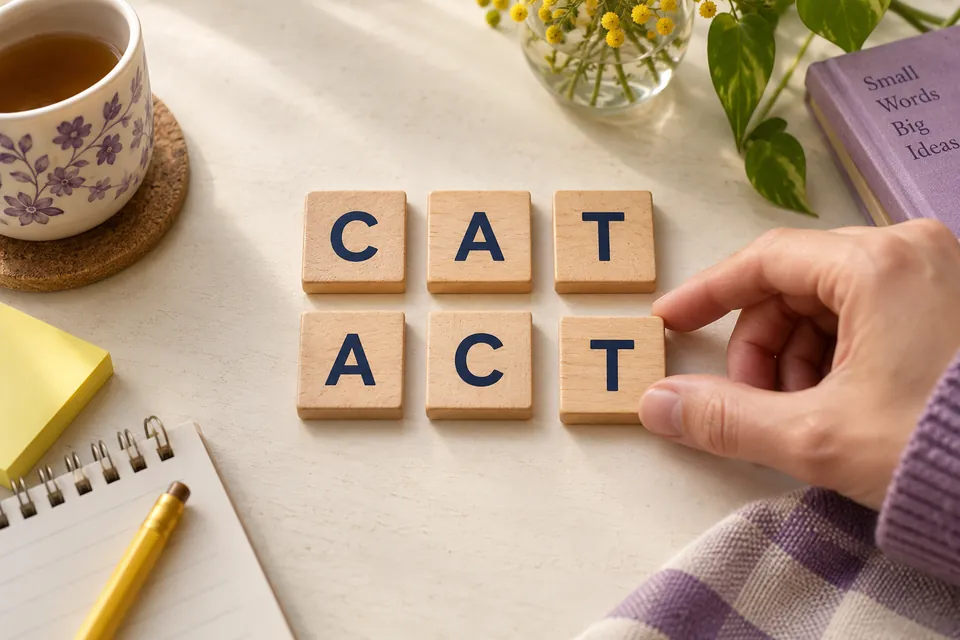 Wooden letter tiles arranged as CAT and ACT on a warm tabletop