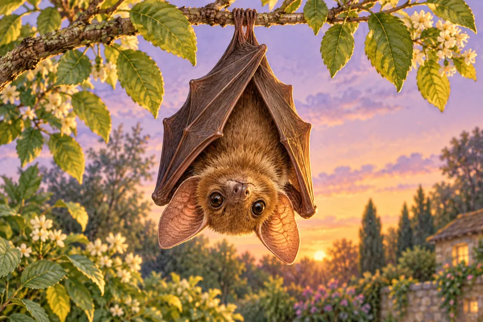 A brown bat with two visible eyes hangs upside down from a leafy branch at twilight
