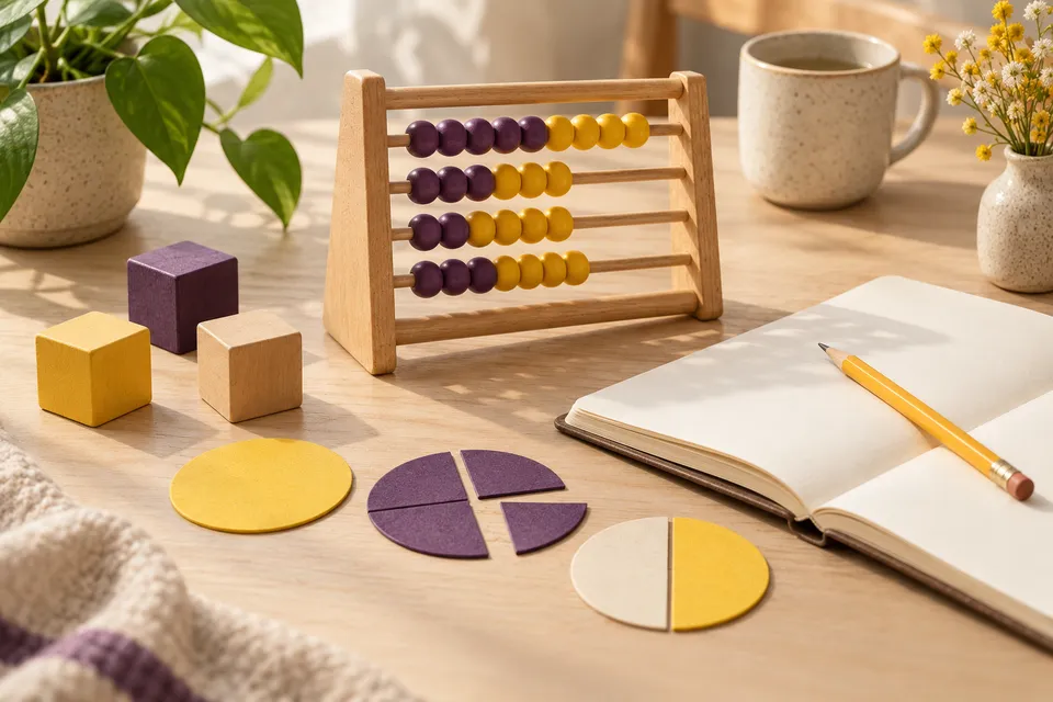 A wooden abacus, coloured blocks and paper fraction pieces beside an open notebook