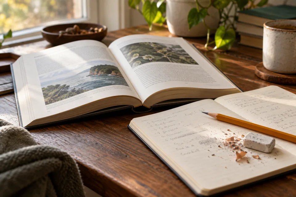 An open book and notebook with a pencil, eraser and a corrected handwritten answer on a wooden desk