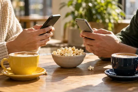 Two friends holding phones across a café table with popcorn and coffee