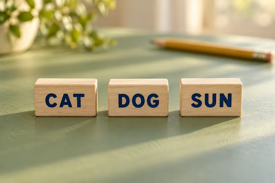 Three wooden blocks labelled CAT, DOG and SUN sit in separate groups on a soft green tabletop
