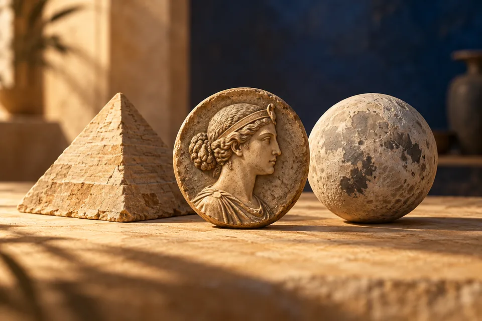 A pyramid model, an imagined royal profile medallion and a cratered Moon model arranged together on a sandy tabletop