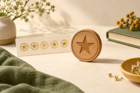 One upright wooden coin with a star face beside a paper strip showing five earlier matching star stamps