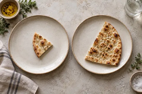 Different-sized flatbread wedges on two matching plates