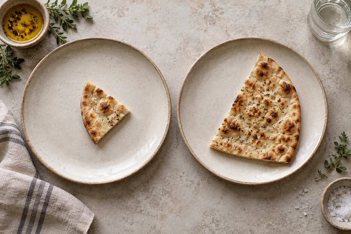 Different-sized flatbread wedges on two matching plates