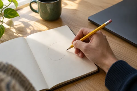 A hand beginning a pencil sketch in a notebook beside a closed laptop and green cup