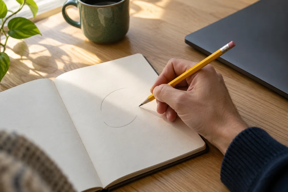 A hand beginning a pencil sketch in a notebook beside a closed laptop and green cup