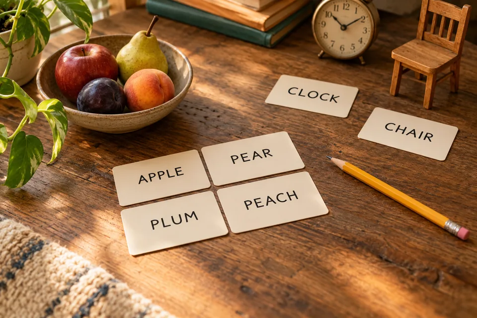 Four cream word cards grouped on a desk beside two separate cards and a pencil
