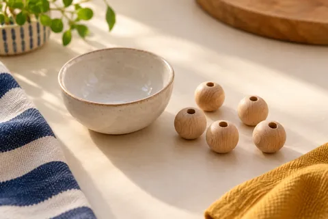 Five wooden counters beside an empty ceramic bowl