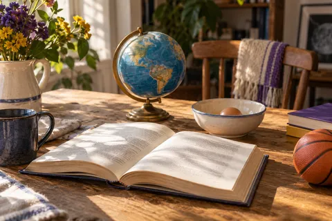 A globe, an open book, an egg and a basketball on a sunlit wooden table