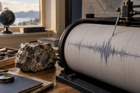 A seismograph recording a wavy trace beside a rock sample in a quiet laboratory