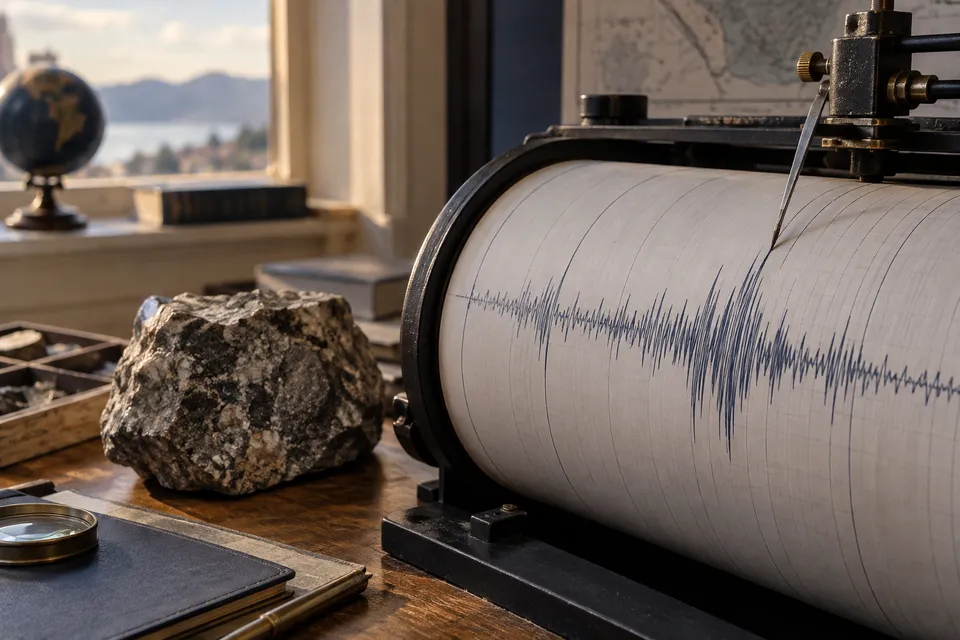 A seismograph recording a wavy trace beside a rock sample in a quiet laboratory