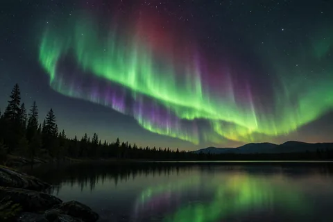 Green aurora curtains with purple and faint red light over a dark forest and lake