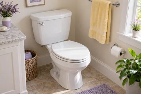 A clean white toilet with a chrome flush lever beside a yellow towel and lavender flowers