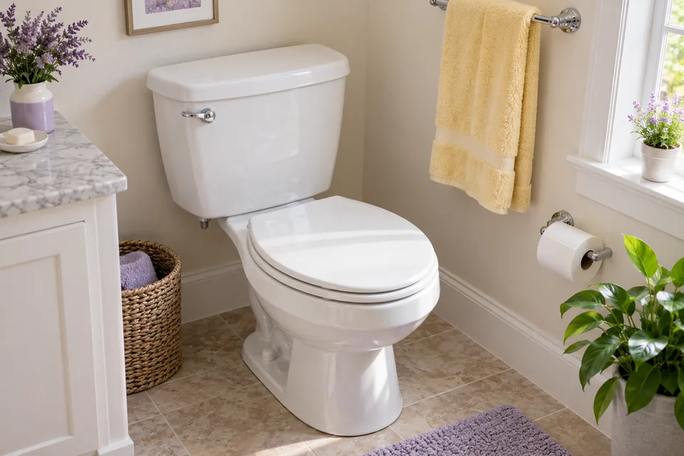 A clean white toilet with a chrome flush lever beside a yellow towel and lavender flowers