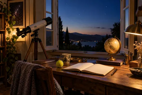 A telescope beside a window, a globe, a notebook and a tennis ball in a warm reading corner
