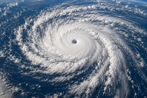 Conceptual aerial view of a hurricane with a clear eye surrounded by white spiral clouds over blue ocean