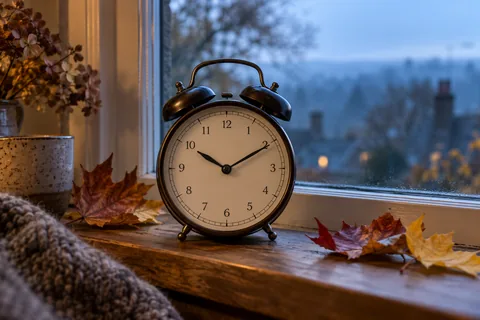 An analogue alarm clock on a windowsill beside autumn leaves in soft morning light