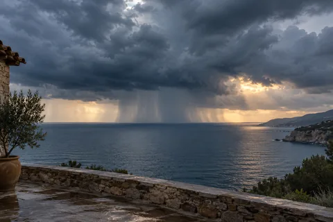 Tall dark clouds and distant rain shafts over an imagined Mediterranean coastline