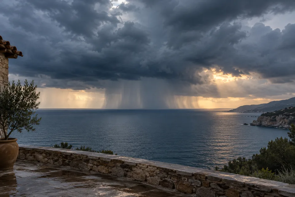 Tall dark clouds and distant rain shafts over an imagined Mediterranean coastline