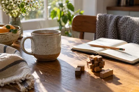 Tea, a notebook and wooden puzzle pieces on a morning table