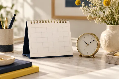 A paper desk calendar beside an analogue clock