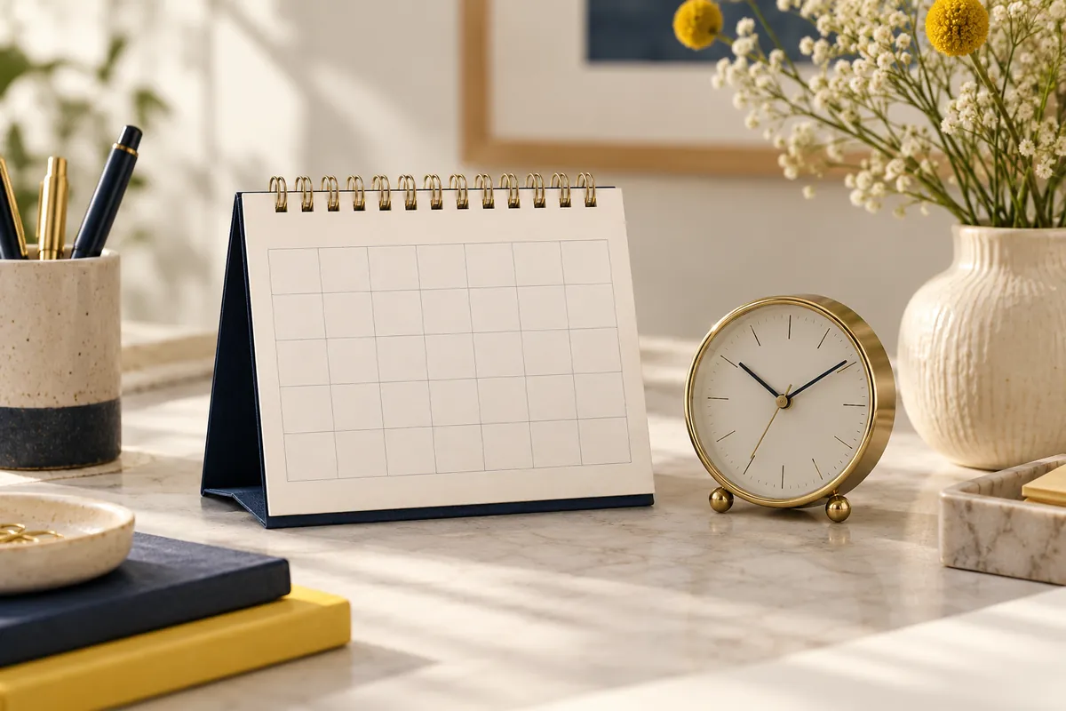 A paper desk calendar beside an analogue clock