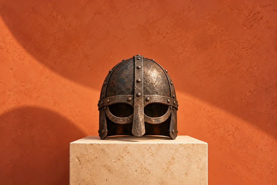 An illustrative hornless iron helmet with a rounded crown and eye guard on a stone plinth against a terracotta wall