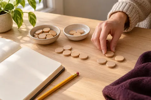 A hand arranging wooden counters beside ceramic dishes and a notebook