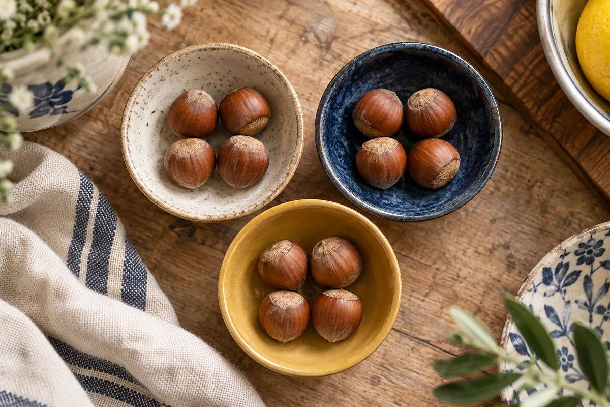 Wooden counters shared between three small bowls
