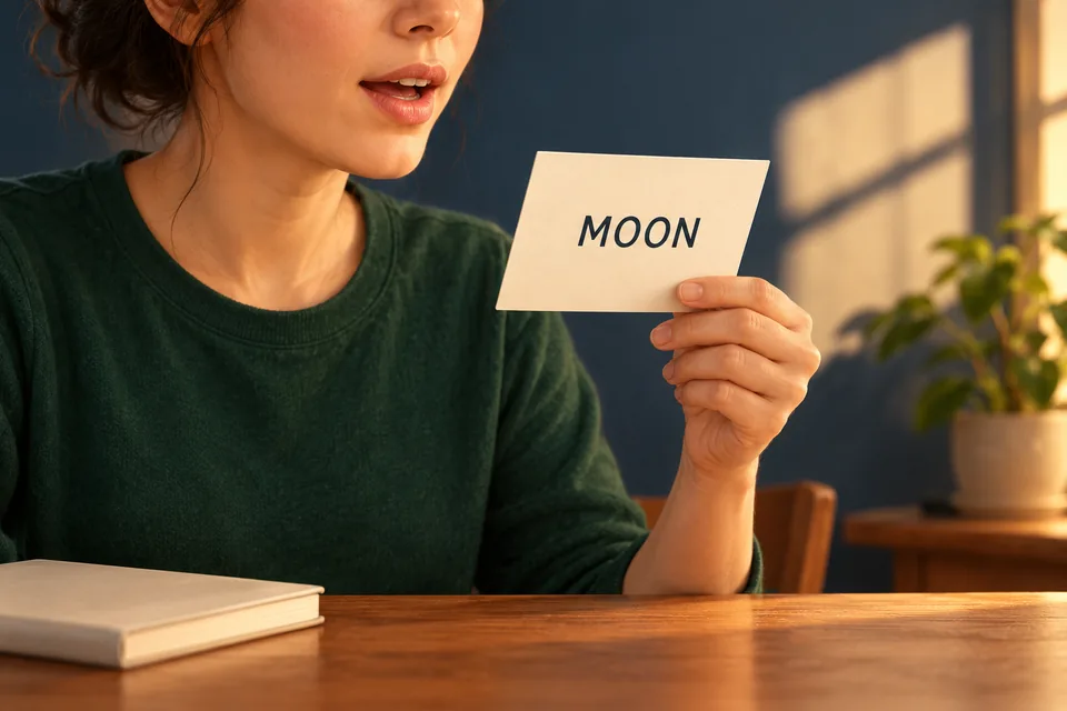 A person in a green jumper reads the word MOON from a small cream card