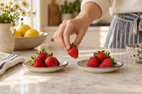 A hand moving a strawberry between two plates