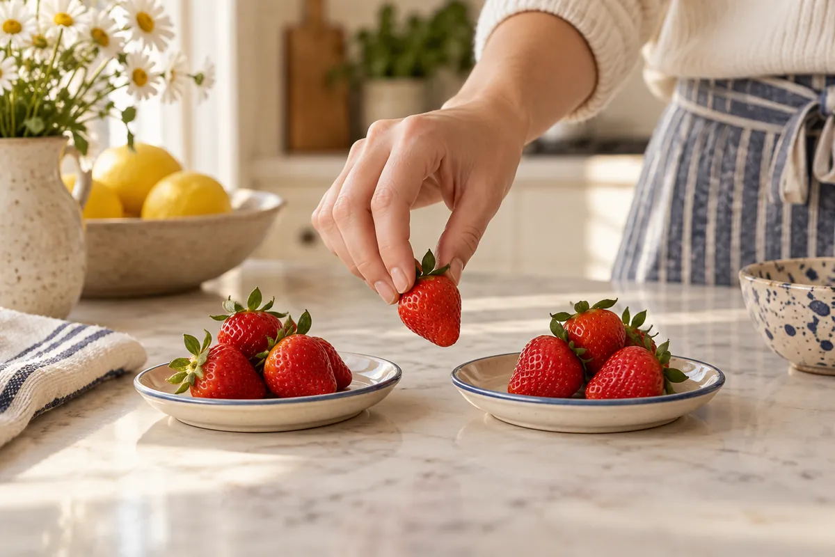 A hand moving a strawberry between two plates