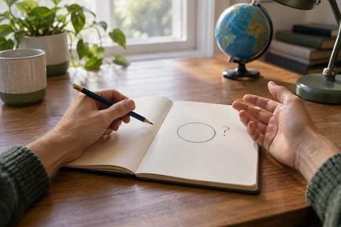 Hands with a pencil and an open notebook beside a small globe and desk lamp
