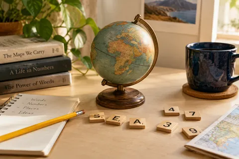 A globe, wooden letter and number tiles, and a yellow pencil on a sunlit desk