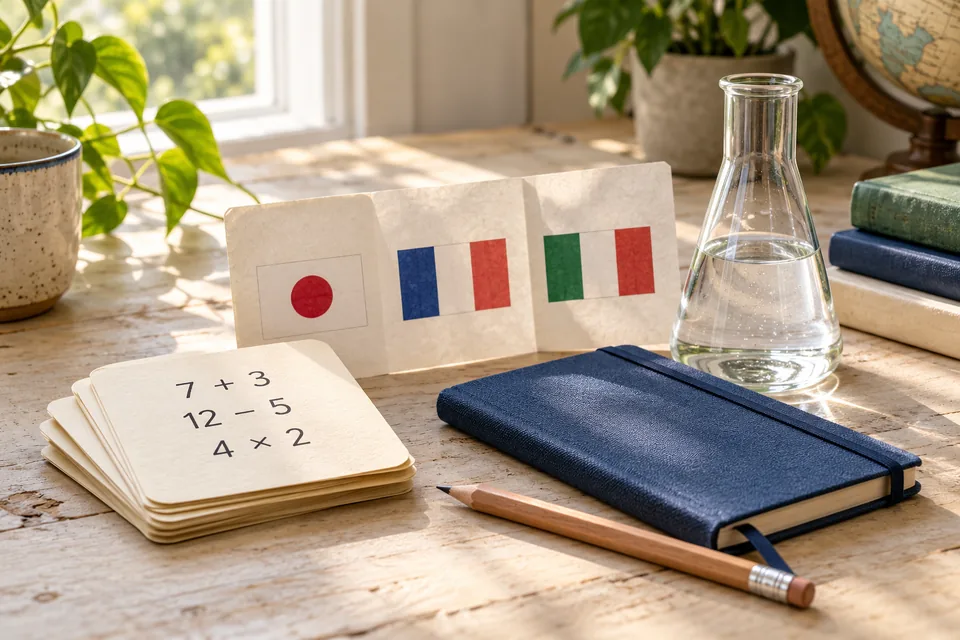 Arithmetic cards, flags of Japan, France and Italy, and a glass flask on a sunny desk