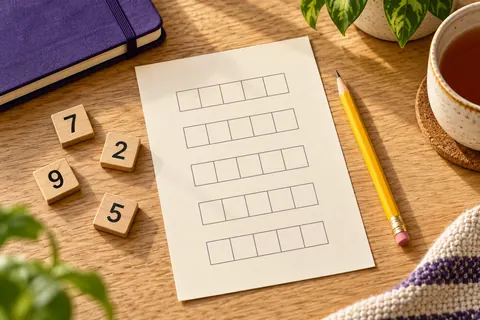 A five-row puzzle worksheet, wooden number tiles and a yellow pencil beside a cup of tea