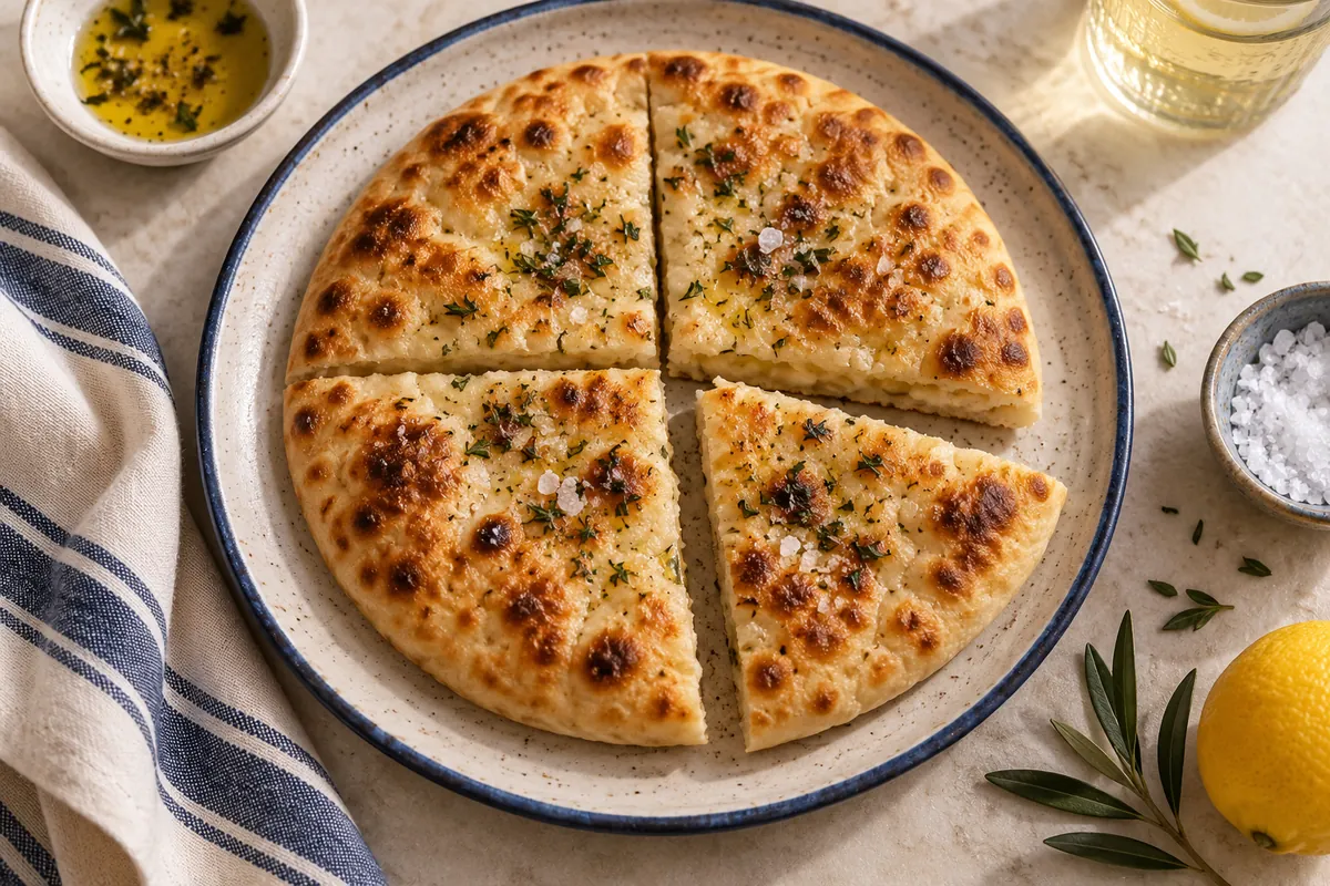 A round flatbread cut into four wedges on a ceramic plate