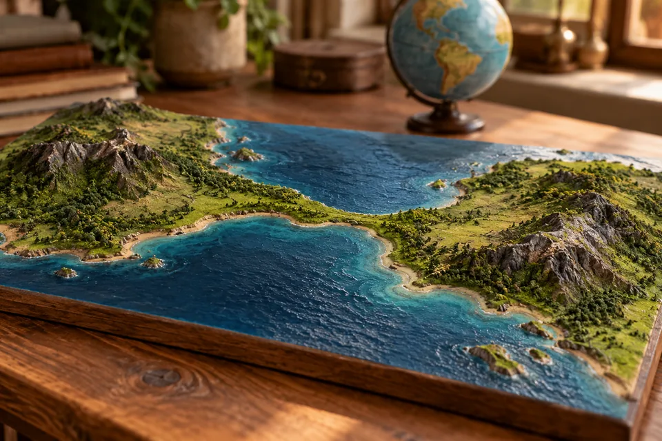 A tactile relief map and small globe on a desk, with a narrow strip of land between blue waters