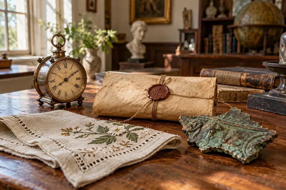 An old clock, parchment, embroidered cloth and green copper detail in a quiet museum still life
