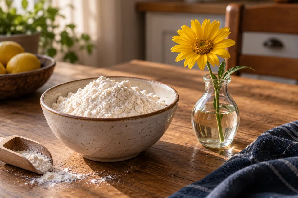 A bowl of flour beside a yellow flower in a small glass vase