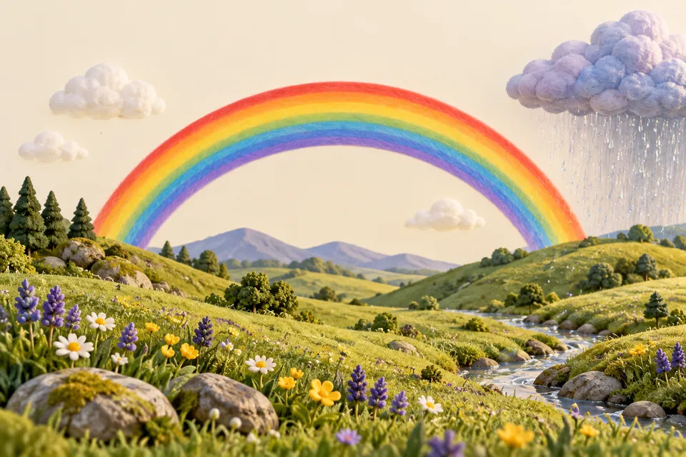 A colourful rainbow arches over a miniature green meadow, with rain falling from a lavender cloud