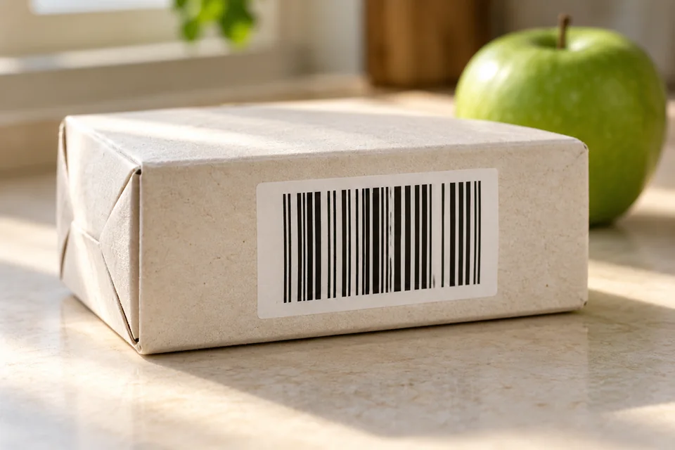 A black linear barcode on a cream cardboard carton, with a green apple softly blurred behind it