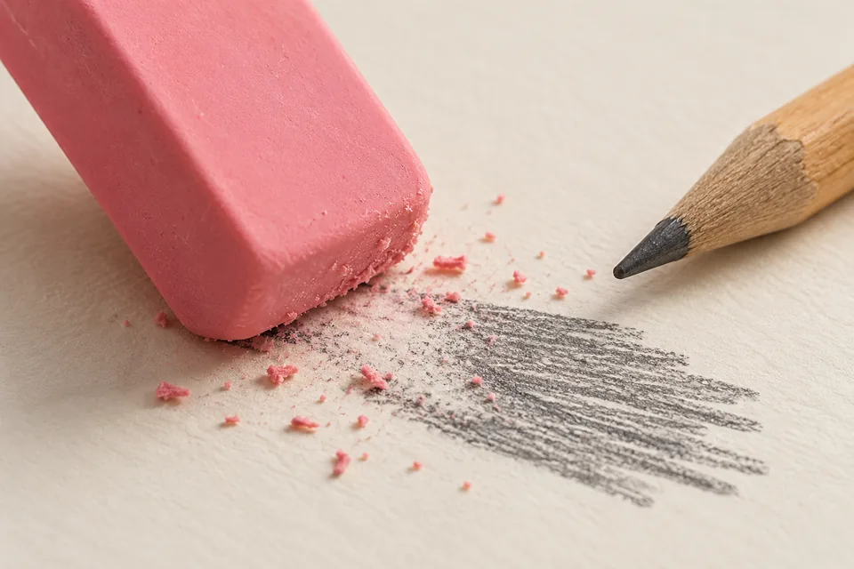 A pink eraser, graphite pencil and small eraser crumbs on cream paper