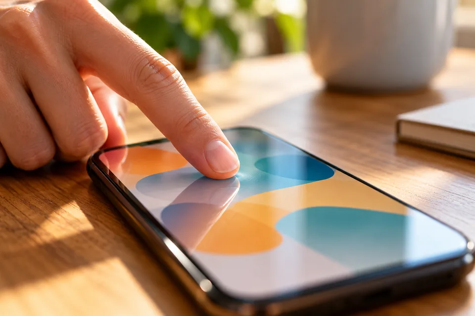 A fingertip touches an unbranded smartphone showing soft coloured shapes