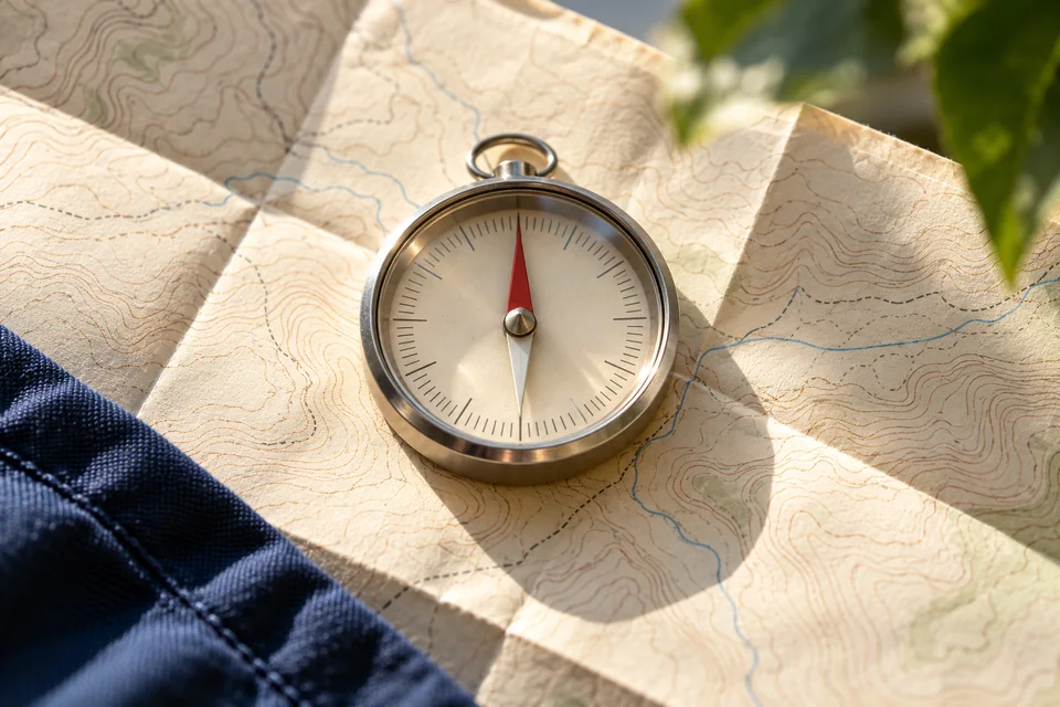 A silver pocket compass with a red and white needle on a folded topographic map beside a navy cloth