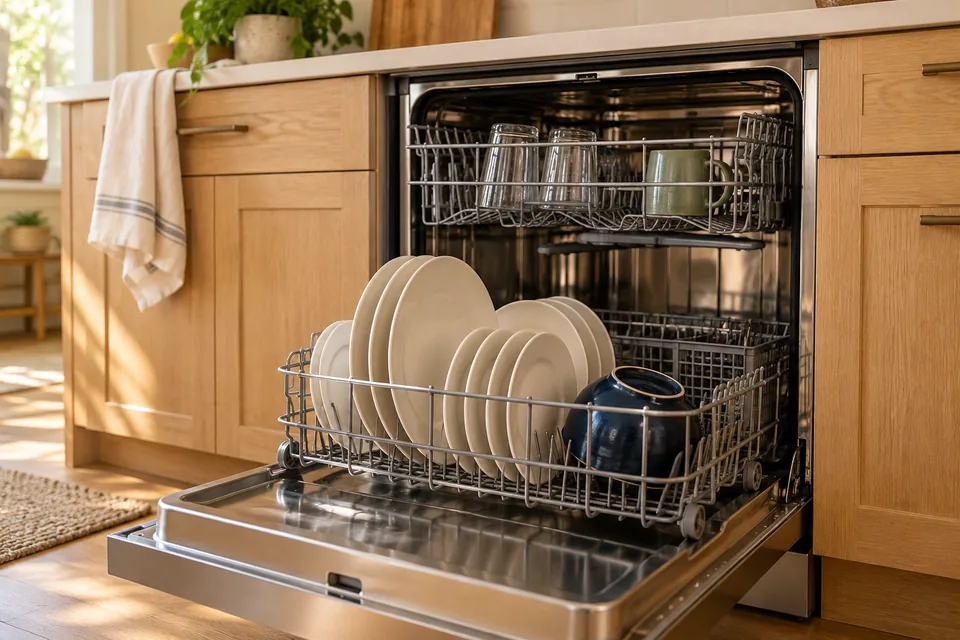 An open stainless-steel dishwasher holds cream plates and glass tumblers in a warm oak kitchen
