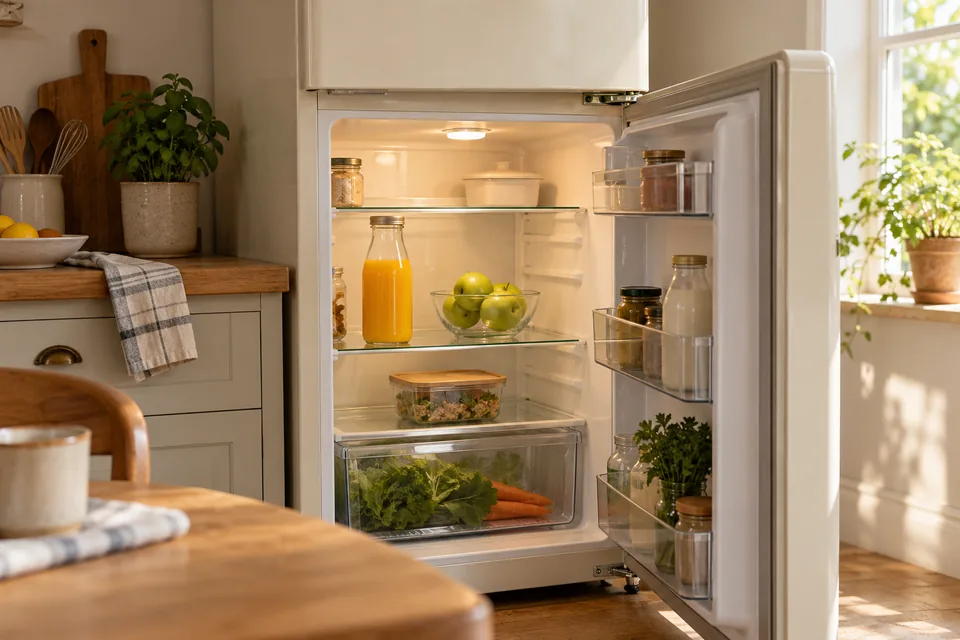 An open cream refrigerator holds orange juice and a bowl of green apples in a warm, sunlit kitchen